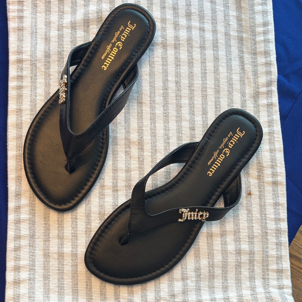 Juicy Couture Black Rhinestone Logo Flip Flops
